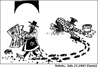 Uncle Sam is shown cleaning up after the bloody 
tracks of Israel